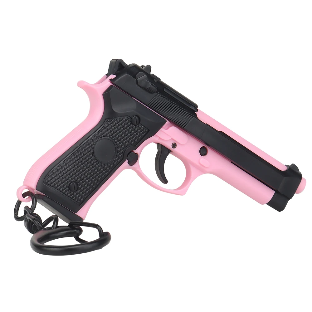 M92-Black Pink Mini Gun Keychain 1:4 Miniature Gun Shape Pistol Keyring Pendant Ornament Gift for Army Fan Model Collection