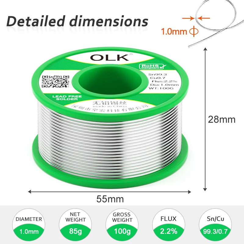 OLK-Alambre de soldadura de núcleo fundente de colofonia sin plomo, Sn99.3, Cu0.7-50g/100g, rollo de Protección Ambiental para alambre de soldadura