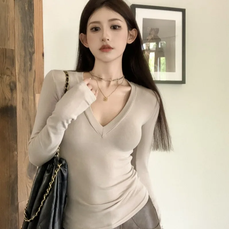 

Сексуальная длинная футболка ort Sve, женская облегающая футболка с v-образным вырезом, зимняя модальная трендовая хлопковая основа из модального волокна, верх для внутренней одежды