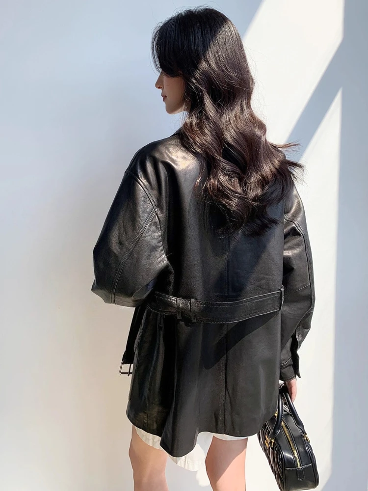 Vintage-Cargojacken aus echtem Leder für Damen, Frühling und Herbst 2022, neuer High-End-Mantel aus schlichtem, schmalem, weichem, schwarzem echtem Ziegenleder mit Gürtel