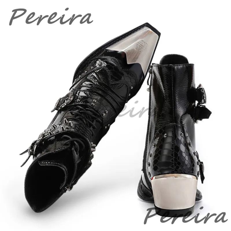 

Punk Metal Decor Thick Heel Western Cowboy Boots Trendy Square Toe Rivet Buckle Patent Leather Motorcycle Boots High Top Shoes