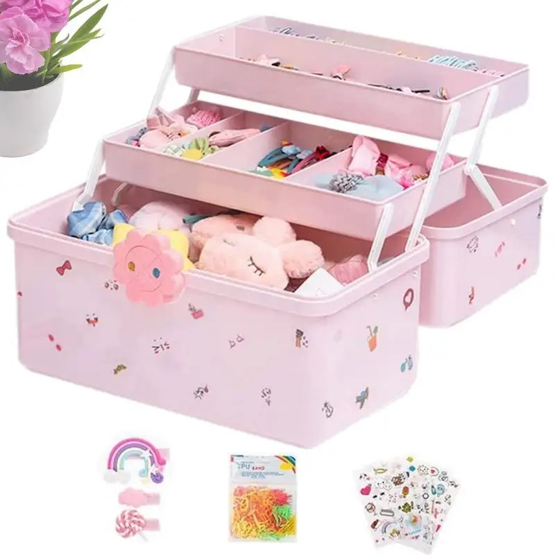 Cute Little Girl Jewelry Box 3-layer Children\'s Jewelry Storage Box Waterproof Headwear Case With 6 Stickers For Bedroom