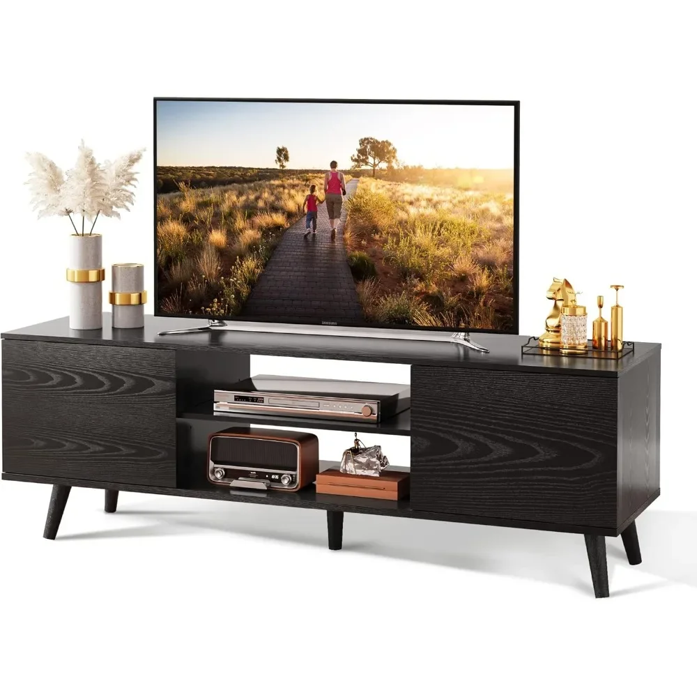 TV Stand for 55 60 inch TV, Entertainment Center with Storage Cabinets, Rustic TV Console for Living Room Decor, Black