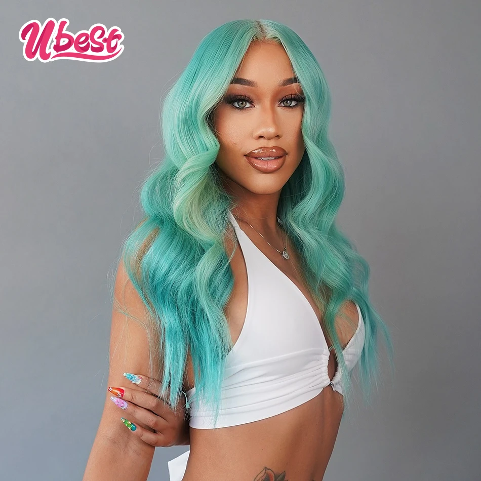 

Turquoise Green Colored Cosplay Body Wave 13x6 Lace Front Wigs Brazilian 100％ Human Hair Transparent Wig Pre Plucked For Women