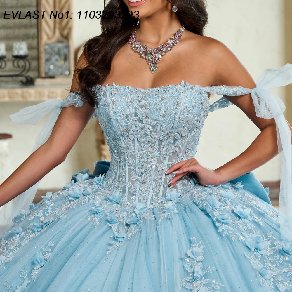 EVLAST مخصص لامعة السماء الزرقاء Quinceanera فستان الكرة ثوب الدانتيل زين الديكور ربطة القوس فيونكة الحلو 16 Vestido De 15 Anos E1Q195 #3