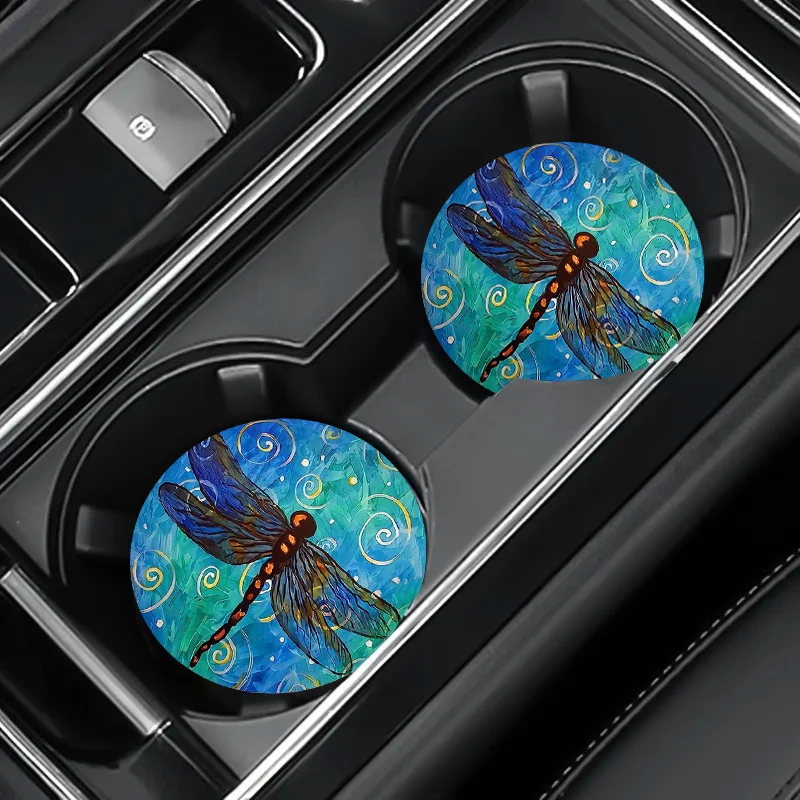2 posavasos para coche con diseño de libélula azul, de cuero sintético redondo de 2,75 pulgadas, diseño de noche estrellada, fáciles de limpiar y reemplazar, accesorios rústicos para automóvil