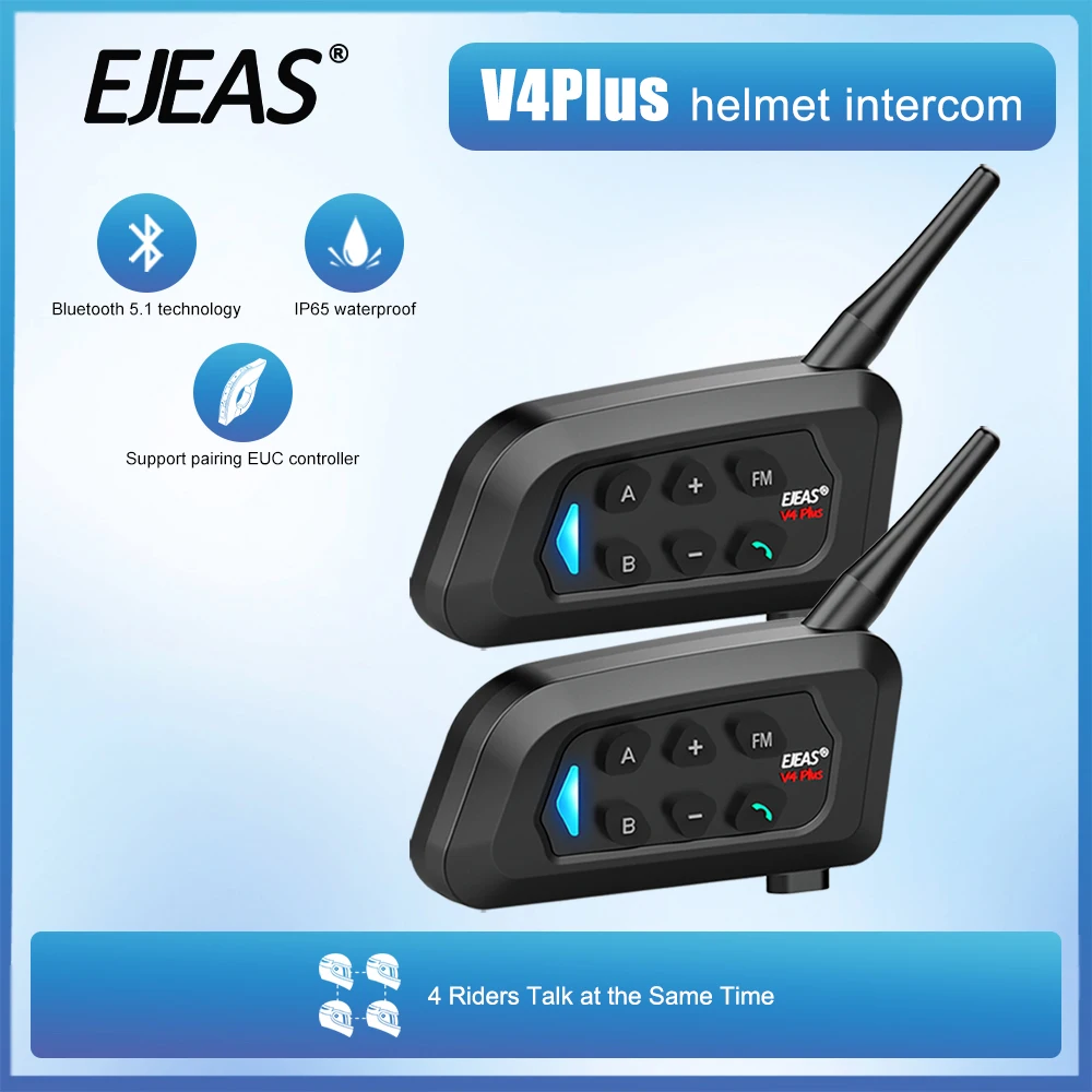 

1/2Pcs EJEAS Type-C V4 Plus Motorcycle Helmet Interphone Bluetooth 5.1 4-Way 1200M Intercom Headset FM Radio IP65 Waterproof