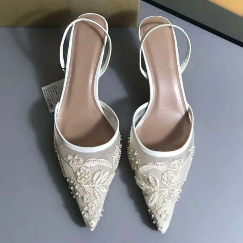 High Heels Women Sandals Vintage Embroidered Mesh White Pointed Toe Stiletto 2025 Summer Elegant Wedding Bridal Female Shoes