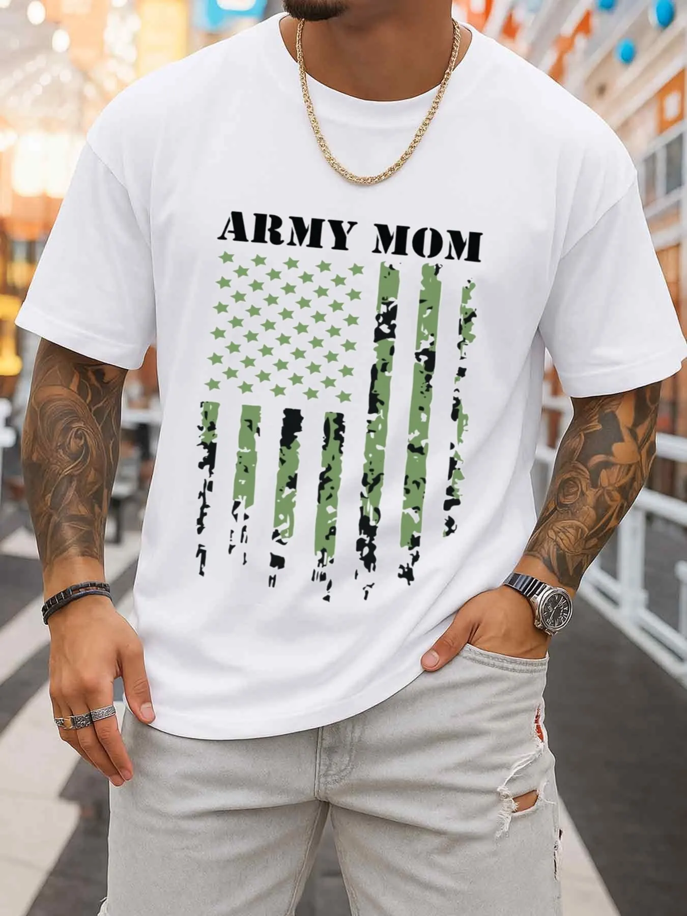 Men's White T-Shirt with Camouflage Flag Design, Specifically Designed for Military Mothers, Perfect for Summer. This Stylish Graphic T-Shirt Is Comfortable to Wear, Perfect for Active Wear, and Makes an Excellent Gift for Any Occasion, Including Father's Day.