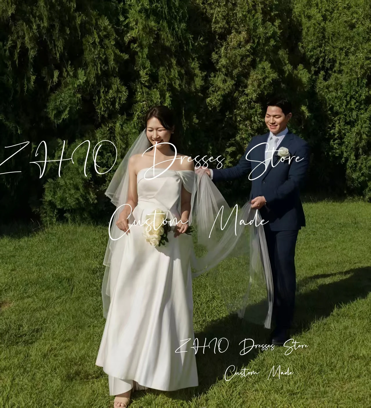 ZHIO Elegantes One-Shoulder-Hochzeitsfestkleid, A-Linie, weißer Satin, Korea-Fotoshooting, Brautkleid, Abendkleider, individuell,  soi