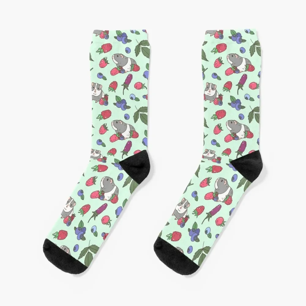 Gray Guinea pig, raspberries and blueberries pattern in mint background Socks custom Novelties Boy Socks Women's