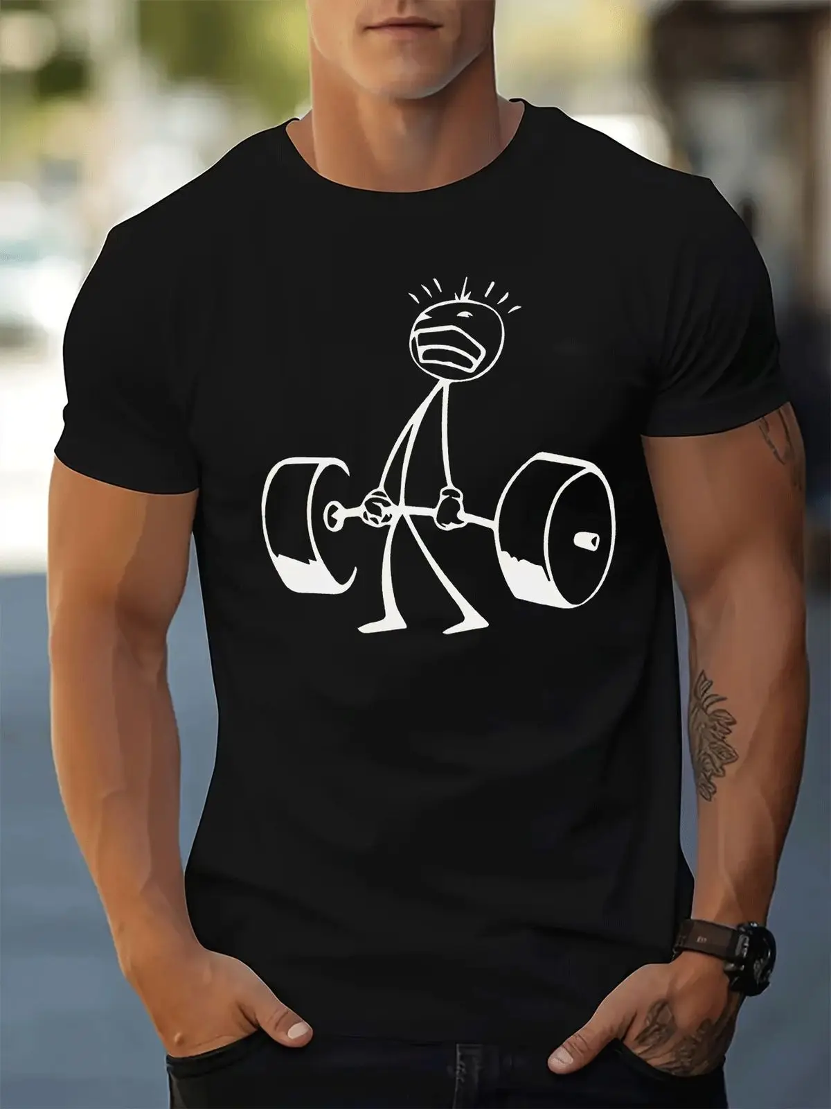 Classic Casual Stick Figure Lifting Barbell Print T-Shirt Men'S Fashion Trendy Summer Street Style Sportswear Adult Men Workout