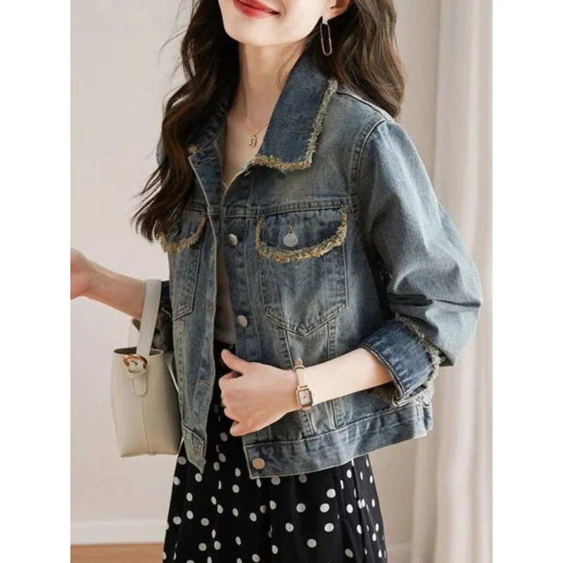 Female Spring  Autumn New Small Design Feeling Harbor Wind Jacket Women's Clothing American Vintage Raw Edge Short Denim Coat