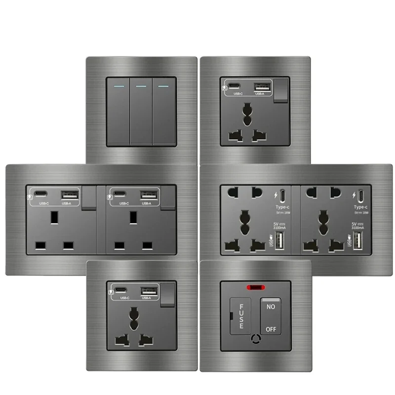 Metal Gray UK Wall Light Water Heater Switch Panel, USB Plug Type C 18W Fast Charging Socket, Universal 3.1A USB C Socket