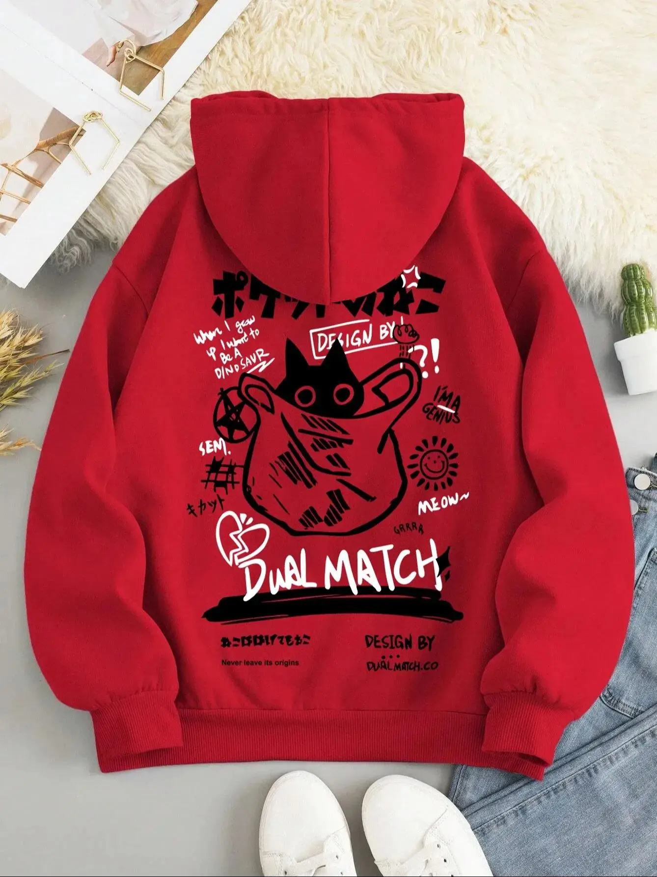 Japanischer Stil, schwarzer Katzen-Hoodie für Herren und Damen, Outdoor, Streetwear, lässig, modisch, sportlich, Cartoon, Langarm, Herbst-Winter-Sweatshirt, Oberteil – Detail 3
