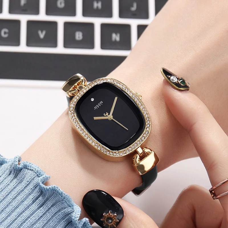 Top Lady Women\'s Watch Japan Quartz Hours Fine Fashion Dress Real Leather Rhinestone Girl Elegant Birthday Gift Julius No Box