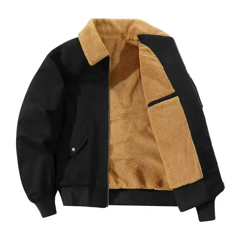 Vintage Men's Pilot Style Warm Fleece-Lined Coat Multi-Color Casual Zipper Style Ribbed Cuff Top Lamb Wool Collar Flight Jacke