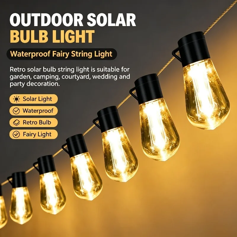 Vintage-Style Bulb Garland, Solar Powered Warm Glow with Black Sockets for Courtyard Decorating