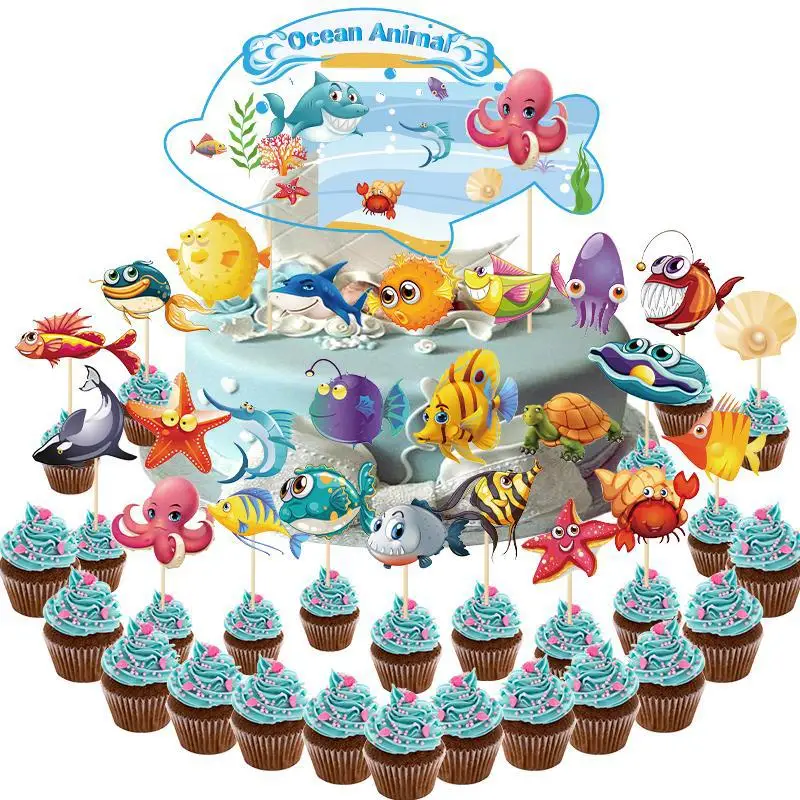 25pcs Ocean Sea Animal Cake Toppers Fish Shark Cupcake Topper For Kids Under The Sea Adventure Birthday Party Decorations