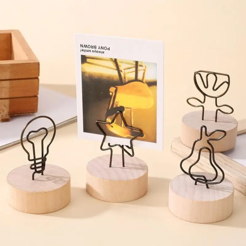 New 2PCS Creative Wooden Base Metal Photo Holders Design For Home Office Desk Decor Holding Photos Notes Memos