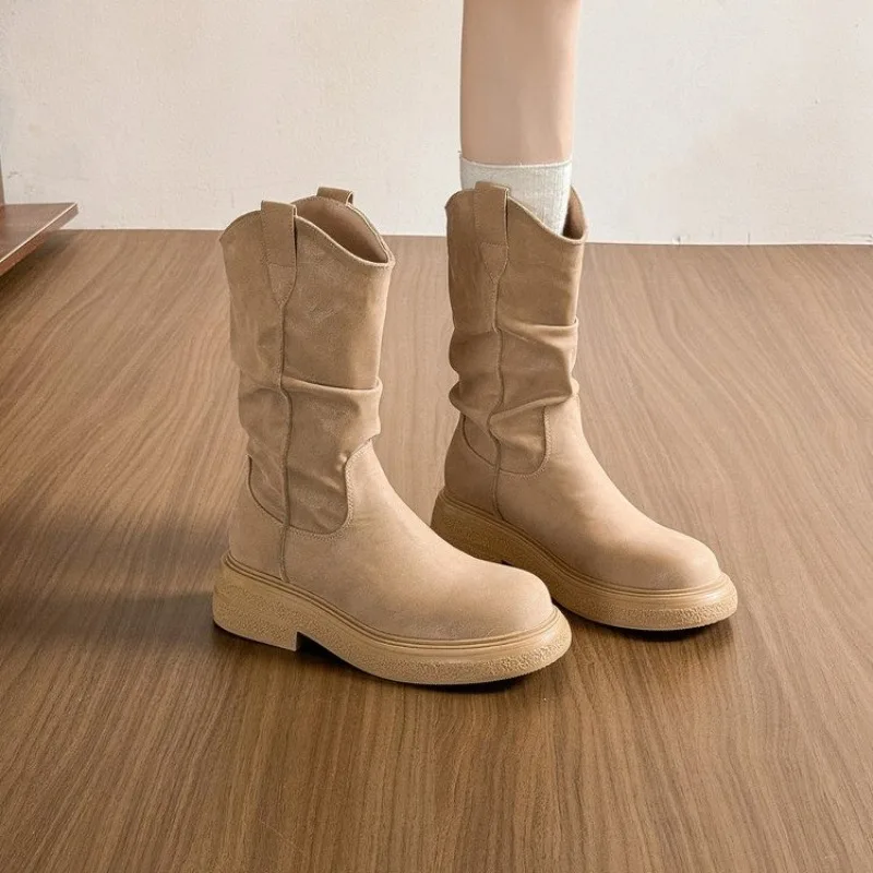 

Новые женские ботинки на высоком каблуке с острым носком, женские замшевые ботильоны на большом низком каблуке, коричневые длинные ботинки, Zapatos Mujer