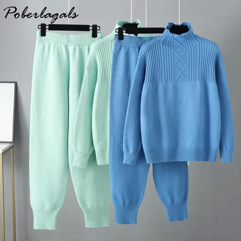 Two-piece Sets Winter Oversized Drop Sleeve Cashmere Knit Thick Loose Turtleneck Sweater Tracksuits Wide Leg Pants Suit Women