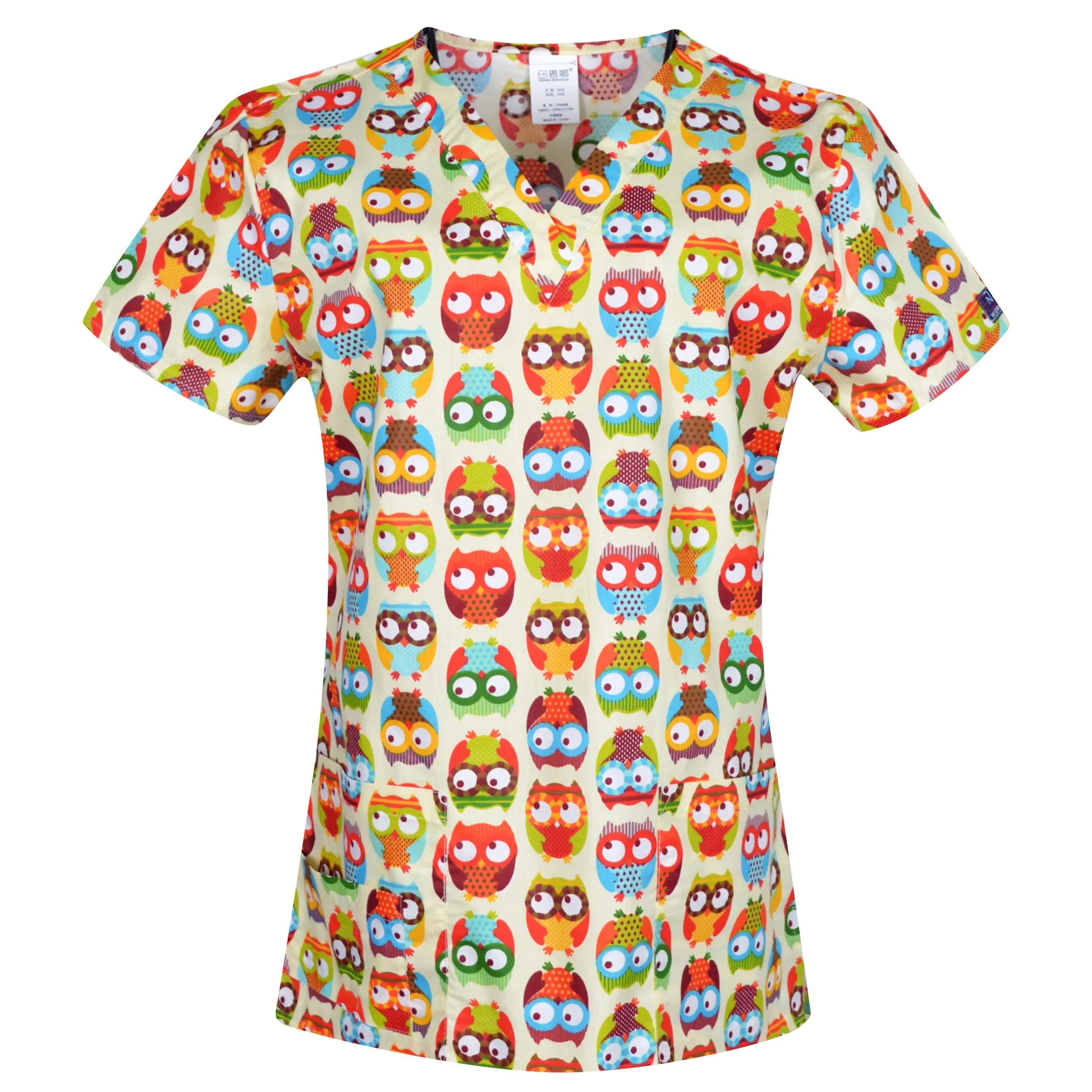 قميص نسائي طبي بلوري، ثوب جراحي مطبوع على شكل بومة ليلية، قميص طبيب بلوري