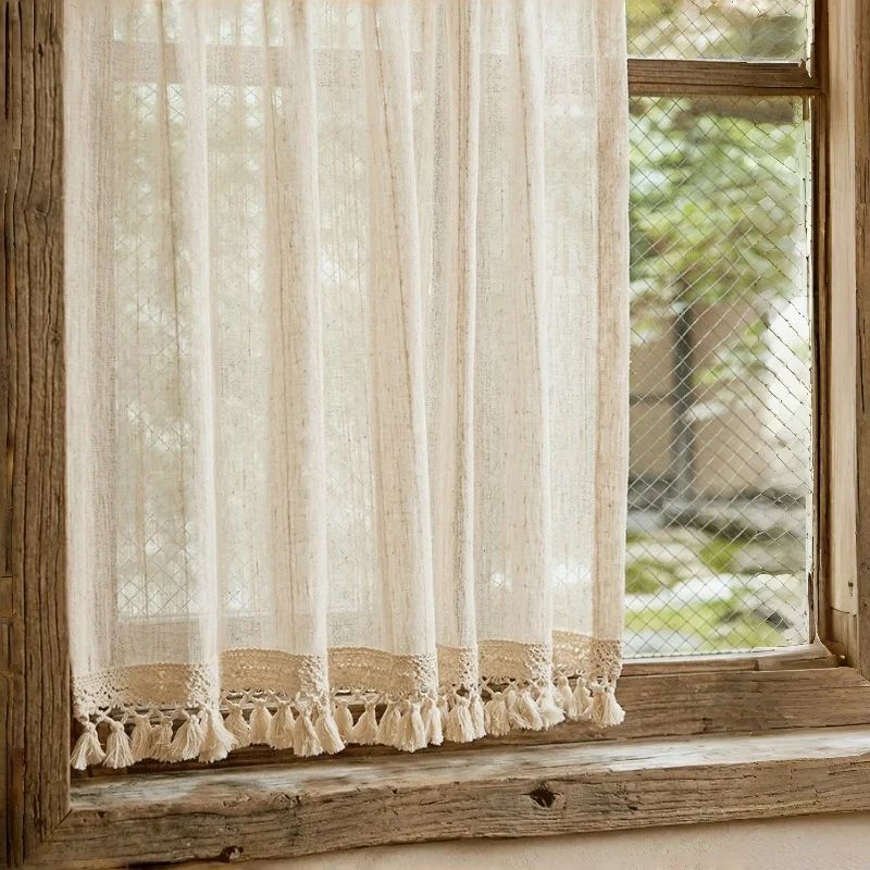 1PC Linen Curtain Milk Tea Color Japanese Style Wooden Wind Fringe Half Curtain, Bedroom Kitchen Balcony Window Curtain, Door Co