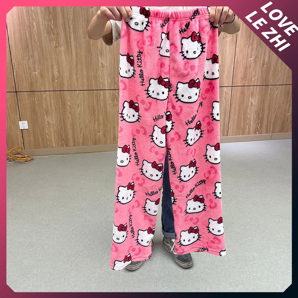 Sanrio Hello Kitty calças de flanelpara mulheres, calça quente, pijama solto, moda anime kawaii, calça casual para casa, outono, inverno