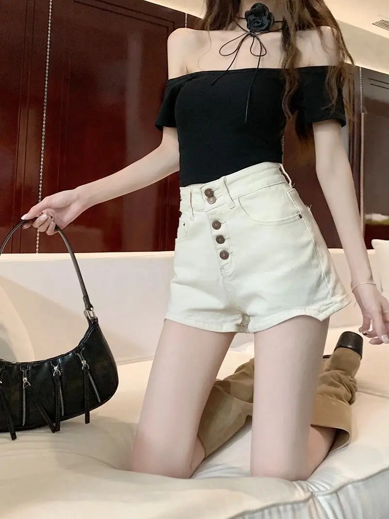 Sweet Cool Spicy American Style White Button Denim Shorts Women's Summer New Slim Elastic Slimming Butt Hugging Hot Pants