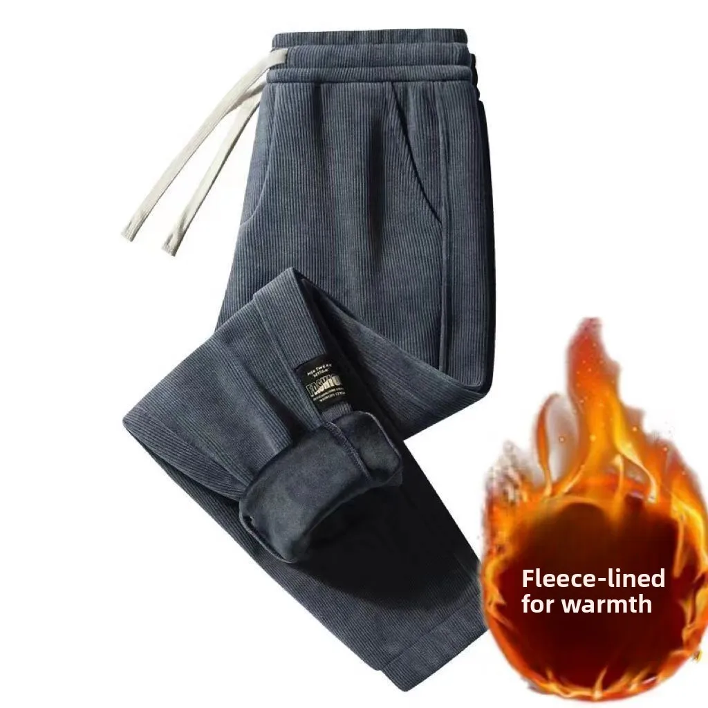 Men's Casual Corduroy Cargo Pants Workwear Trousers Autumn Winter Long Loose Fit Elastic Waisand Youthful Sle Khaki Color