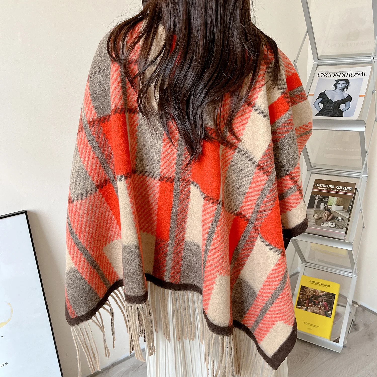 2023Winter British Plaid Touring Shawl Dual Use High end Ethnic Style Women's Scarf Thickened and Warm Wrapped with Tassel Shawl