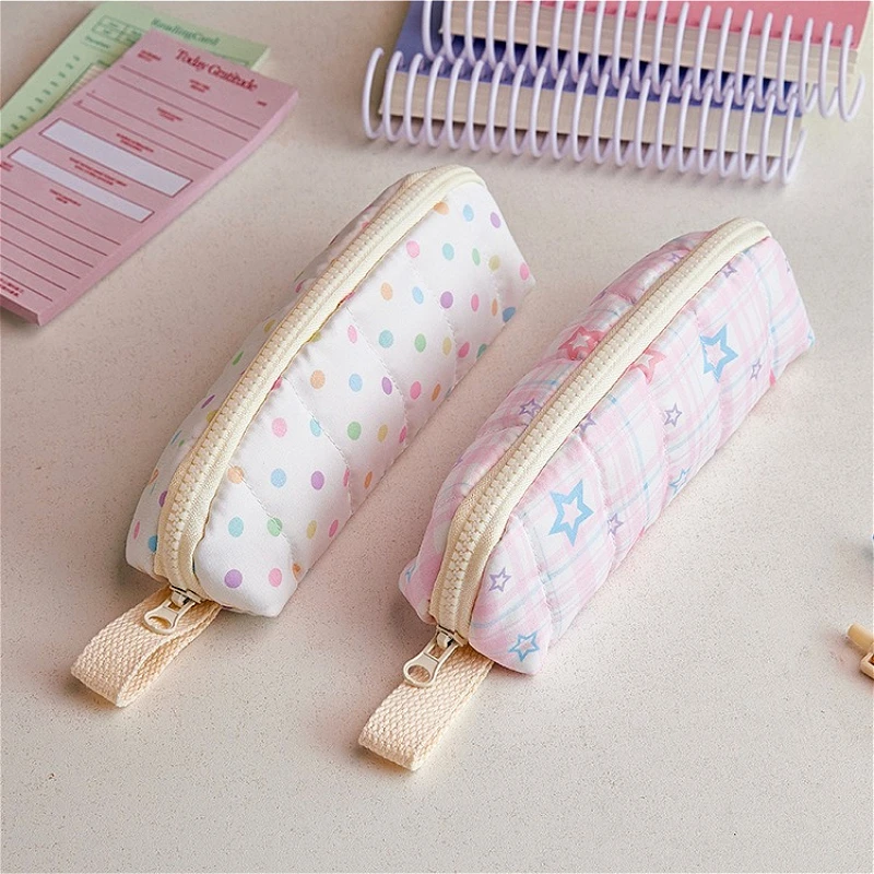 Simple and Cute Star Striped Polka Dot Pencil Case, Instagram Style Large Capacity Student Stationery Storage Pencil Case