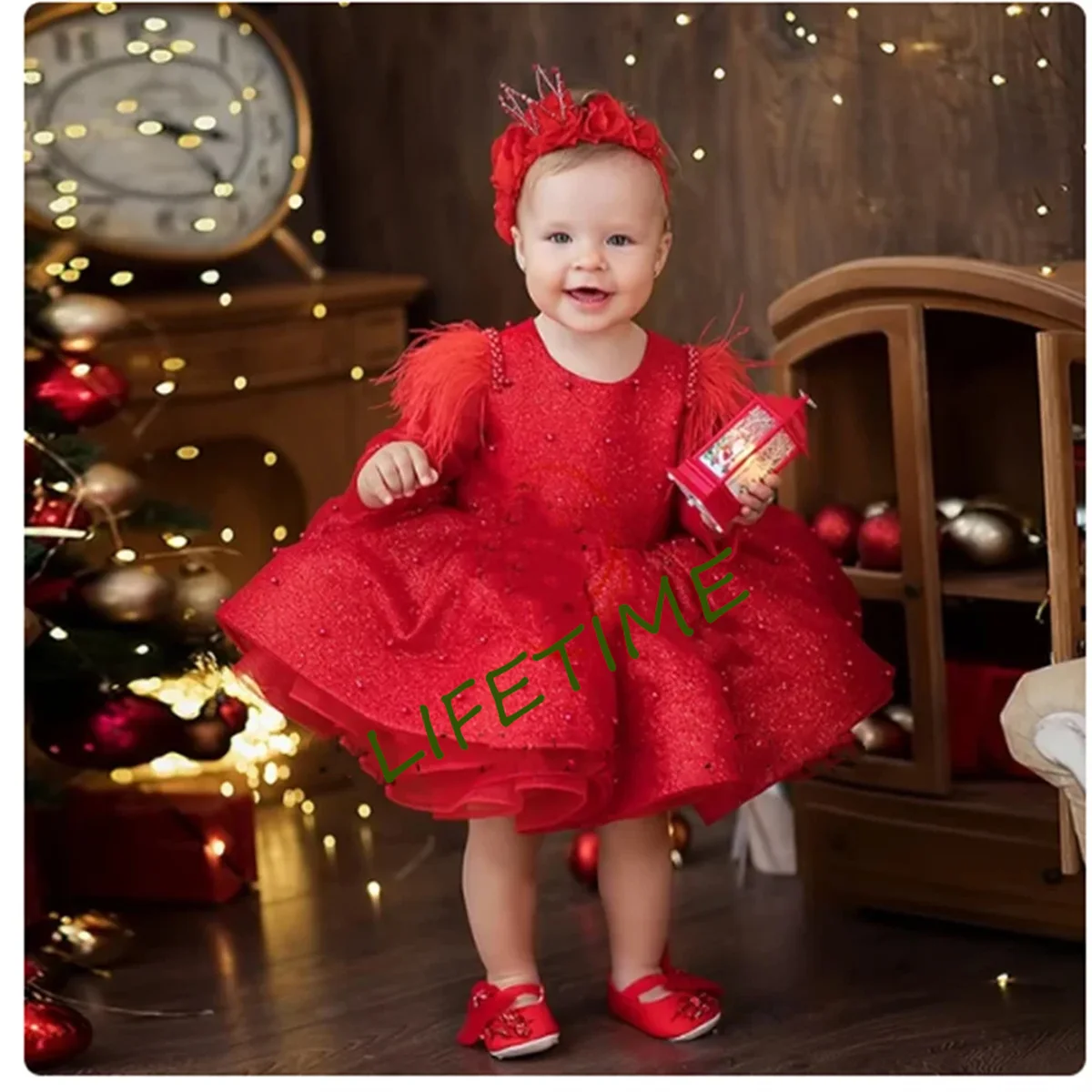 Red Flower Girl Dresses Round neckband for Kids 2024 Knee Length Summer Full Sleeve Wedding Party Dresses Feather Communion