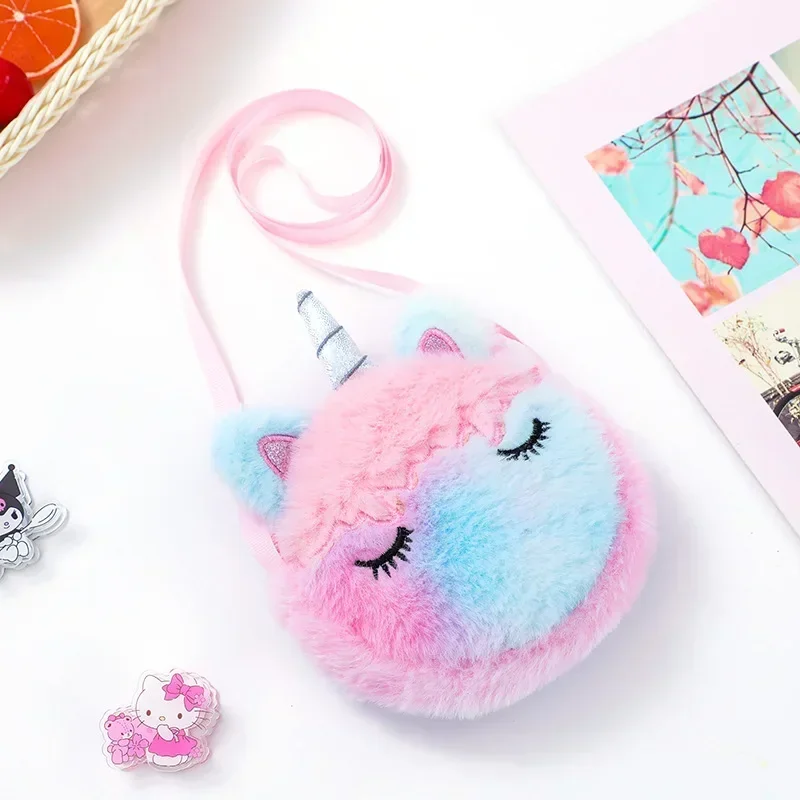 Cartoon Plush Unicorn Round Shoulder Bag Children Cute Coin Purse Kindergarten Girl Crossbody Bag