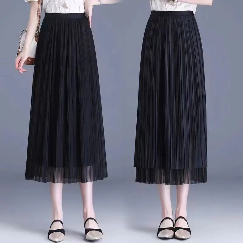 Basic Pleated Midi Long Skirt for Women New Korean Reversible All-match A Line High Female Waist Big Hemline Beach Casual skirt