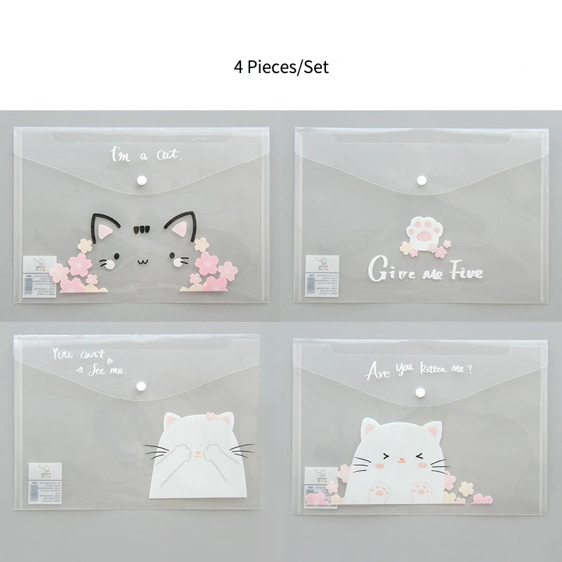 4 Pieces/Pack Of A4 Transparent Bags Folders File Jackets Snap On File Pockets Pink Sakura Pattern