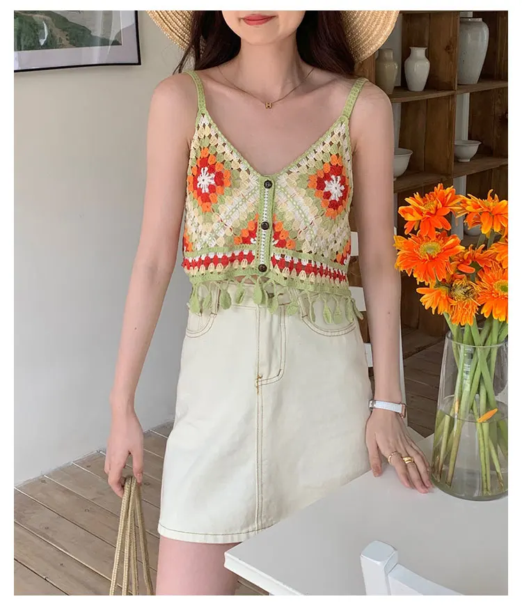 Colorful Patched Crochet Knit Cami Top Boho Tie Back Fringed Strap Crop Tank Top for Women Teengirl Summer Vacation Beach Wear