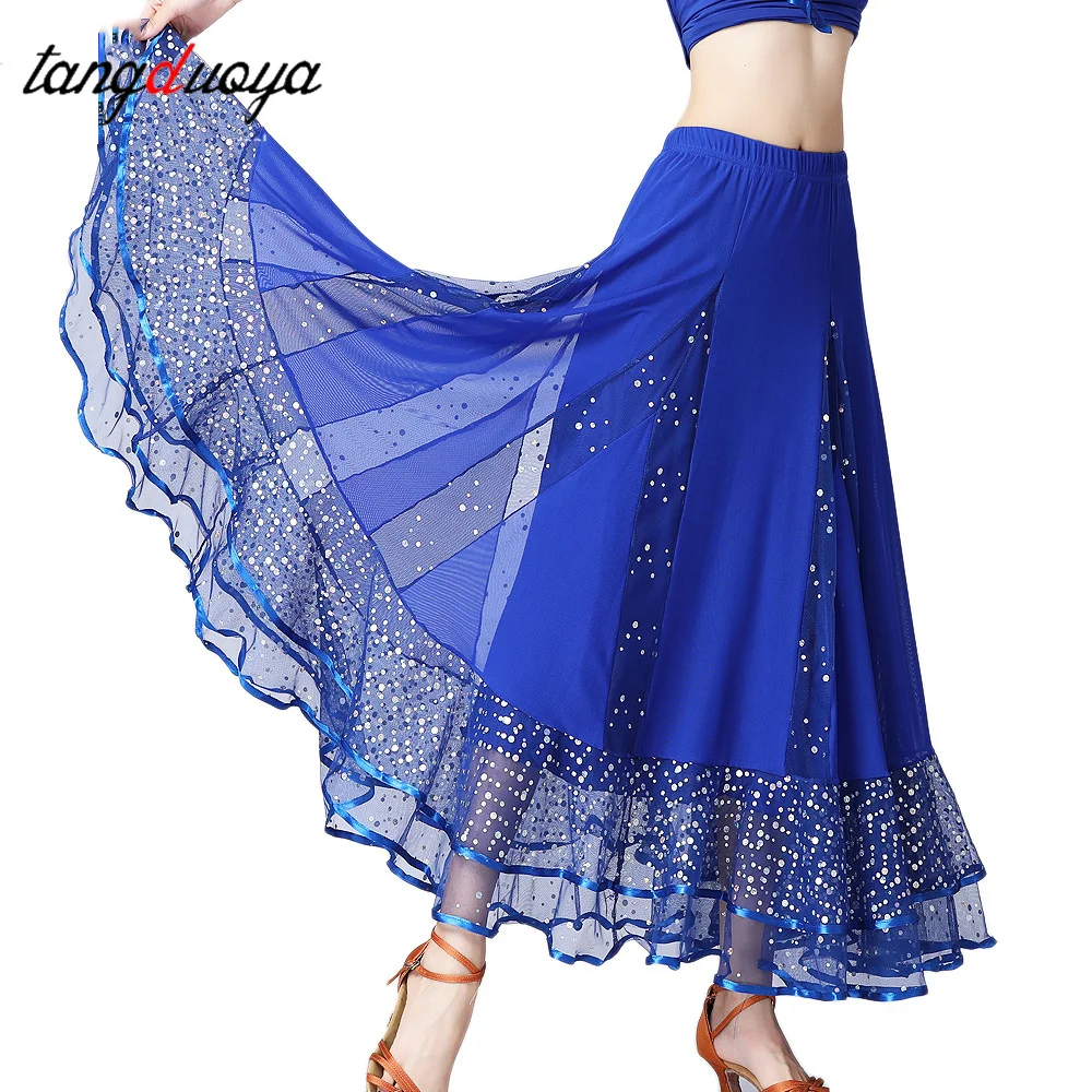 กระโปรงเต้นรำบอลรูมสำหรับผู้หญิง ประดับเลื่อม กระโปรงครึ่งตัว ชุดเต้นวอลซ์ เอวยางยืด กระโปรงบานใหญ่ ชุดเต้นสำหรับผู้ใหญ่ ชุดเต้นระบำหน้าท้อง อุปกรณ์เสริม