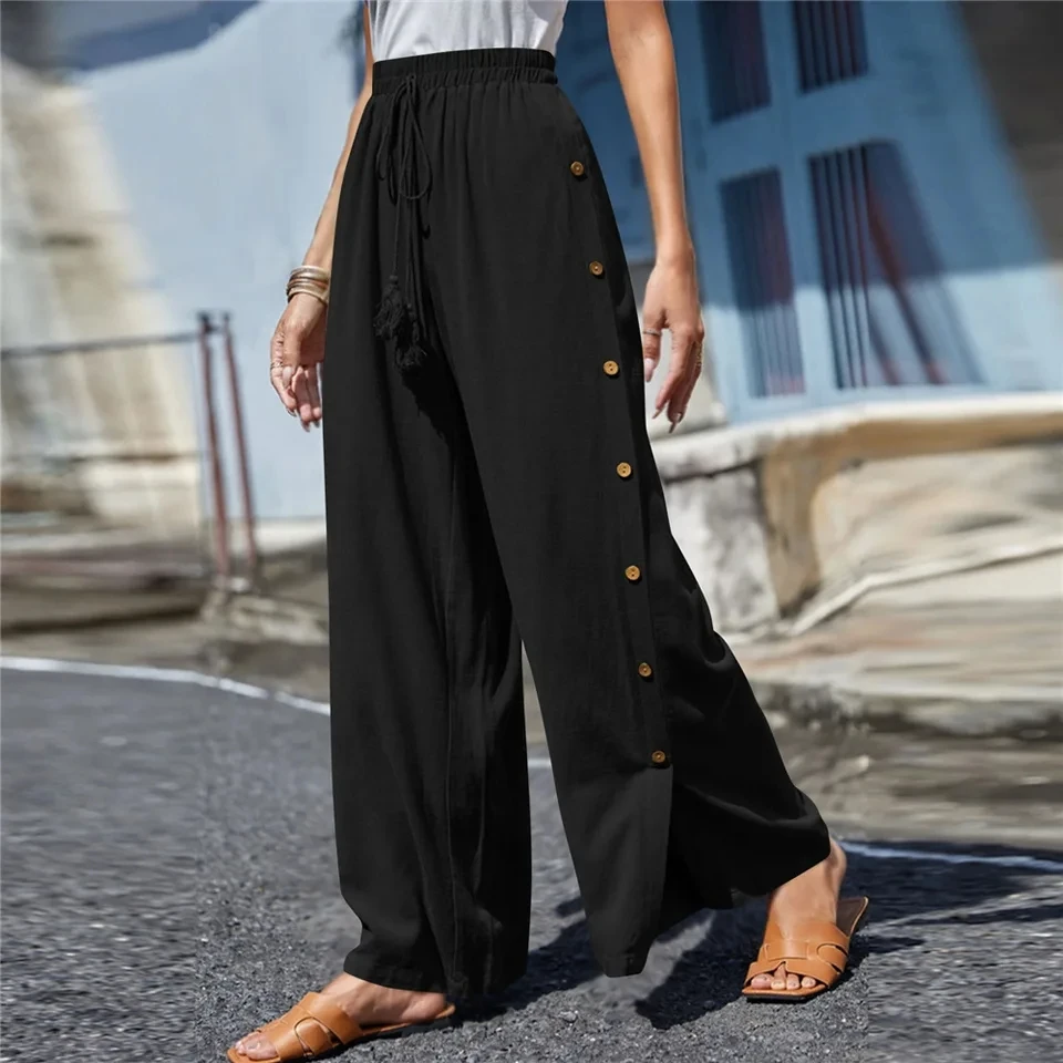 

Spring Summer New Women's High Waist Casual Pants Solid Color Elastic Waist Strap Retro Simple Loose Wide Leg Pants Female