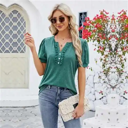 

Color Blo Women's Button up Ruffled T-irt Loose Fit ort Sve Cotton Summer Faion Casual Inner Wear Universal Design