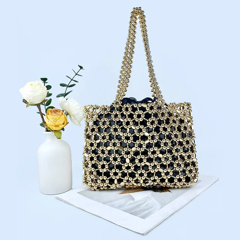 

Handmade Golden Metal Acrylic Beaded Woven Shoulder Bag Summer New Hollow Out Evening Bag Shiny Underarm Bag Bolsa Feminina