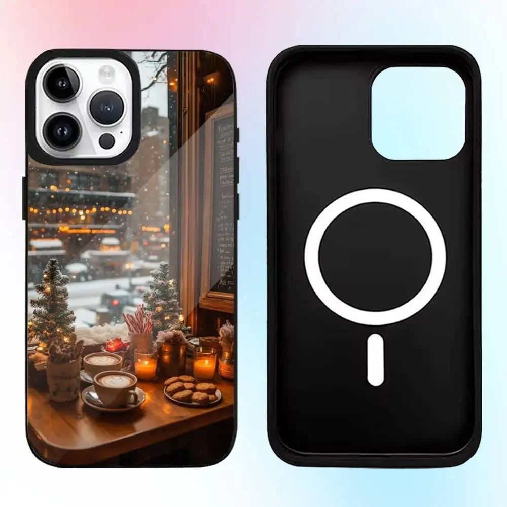 عيد الميلاد الفن الشتاء القهوة حالة الهاتف آيفون 17,16,15,14,13,12,11 زائد، برو ماكس المغناطيسي Magsafe الشحن اللاسلكي