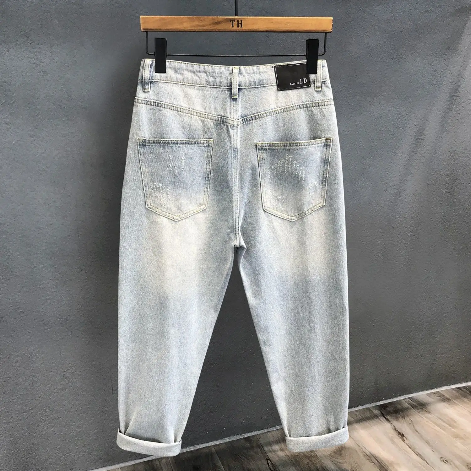 하이 엔드 레트로 스크래치 워시드 Ruffian Handsome Washed Ripped Jeans 남성 여름 얇은 테이퍼드 스몰 스트레이트 팬츠 헐렁한 옷