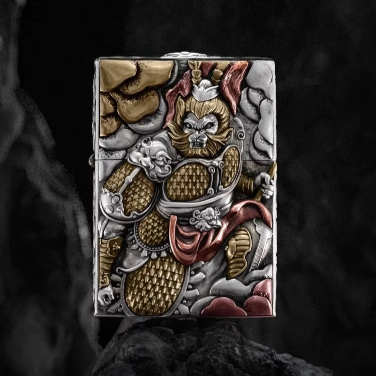 Super realistic craft relief inlaid fuel lighter, Sun Wukong themed brass inlaid lighter, lighter collection, men's gift