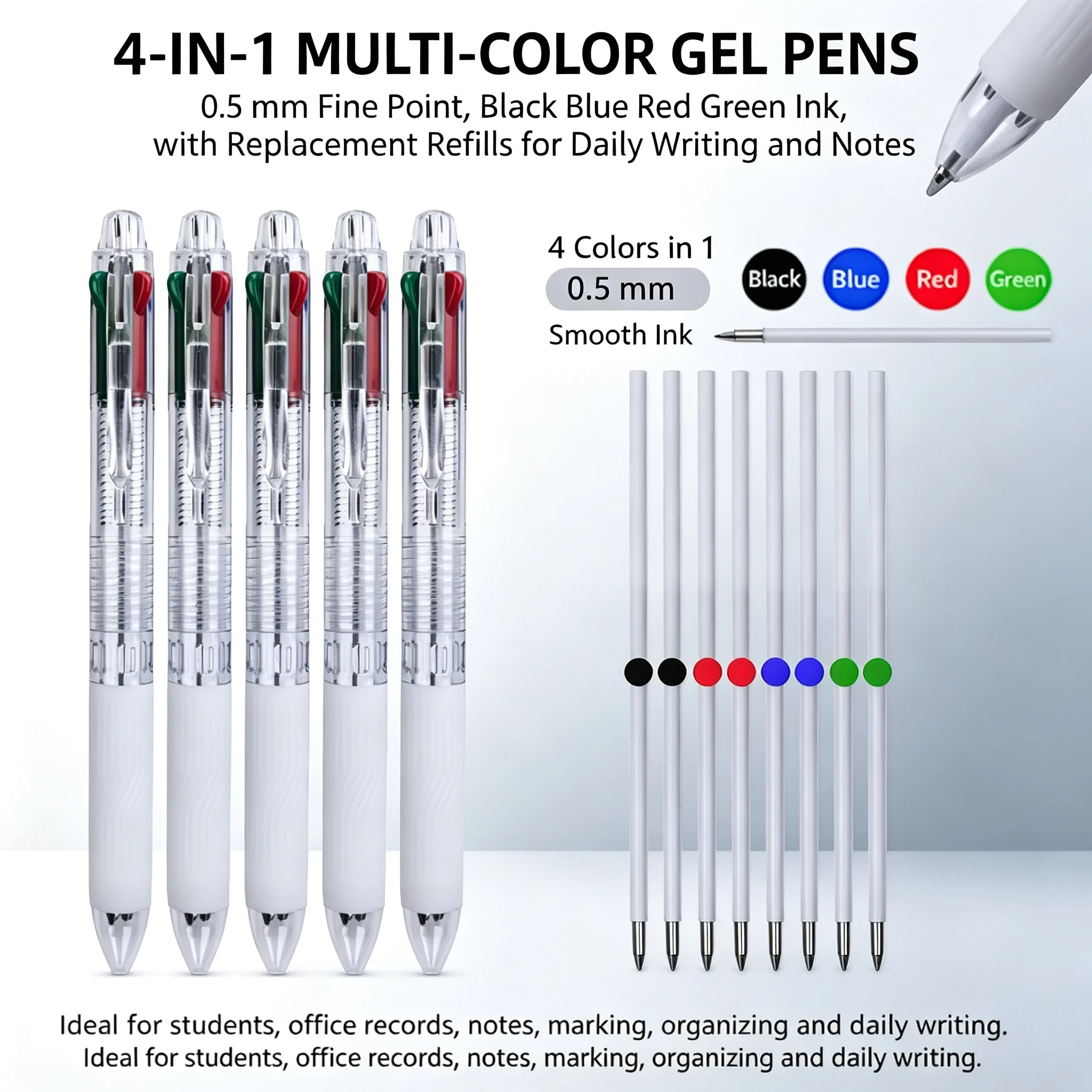 4-in-1 Multicolor Retractable Ballpoint Pen Black/Red/Blue/Green 0.5mm Fine Point, Ballpoint With Long-Lasting Ink Pens