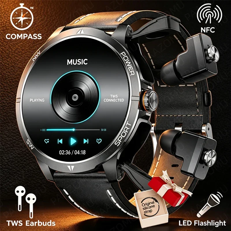 All-in-1 Smartwatch Built-in TWS Headset Compass Flashlight Heart Rate Sport Tracker NFC - Waterproof Fitness Music Smartwatch