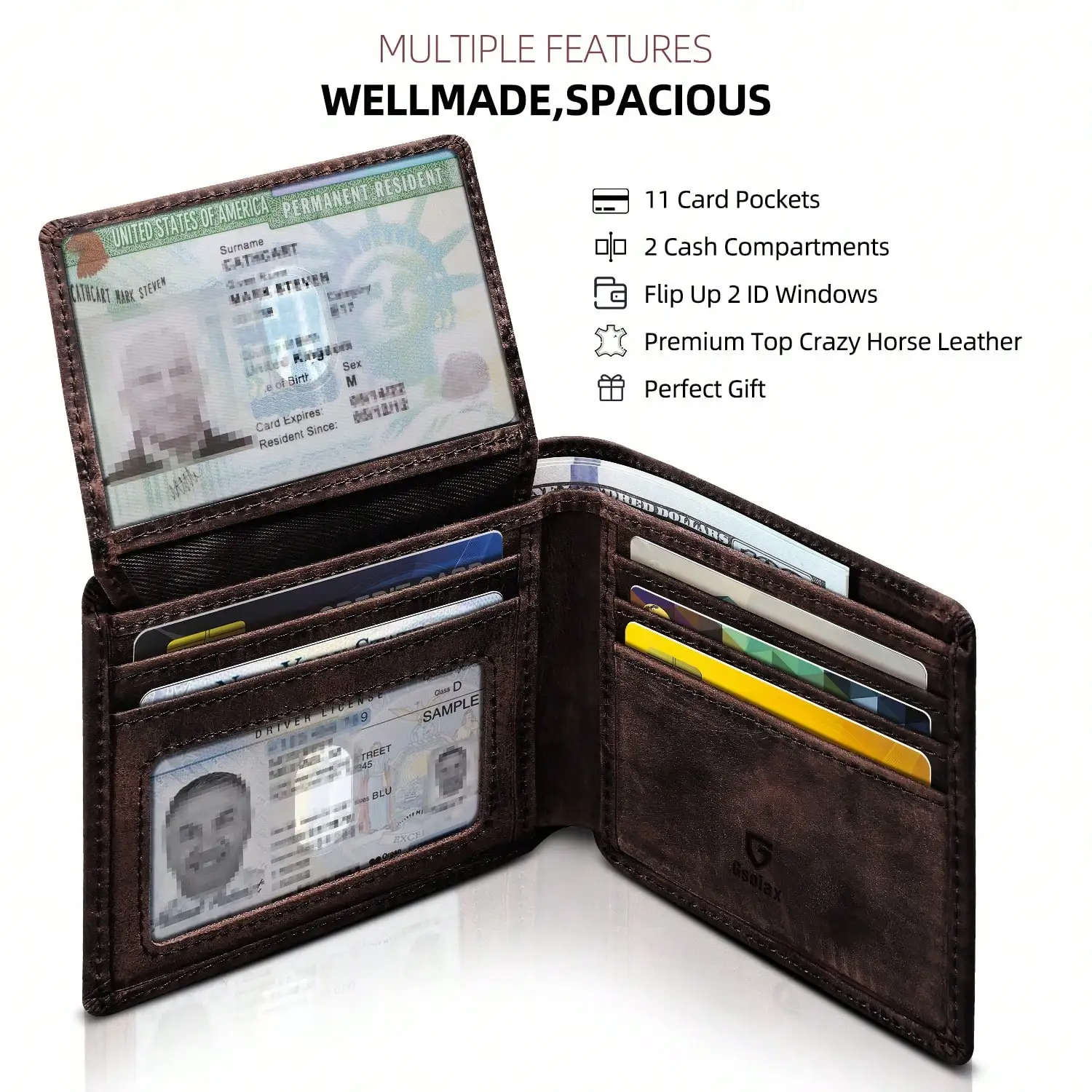 

Premium Handcrafted Crazy Horse Leather Bifold Wallet - 11 Card Slots, 2 ID Windows, 2 Cash Pockets, W/ RFID Blocking - Ideal Gift