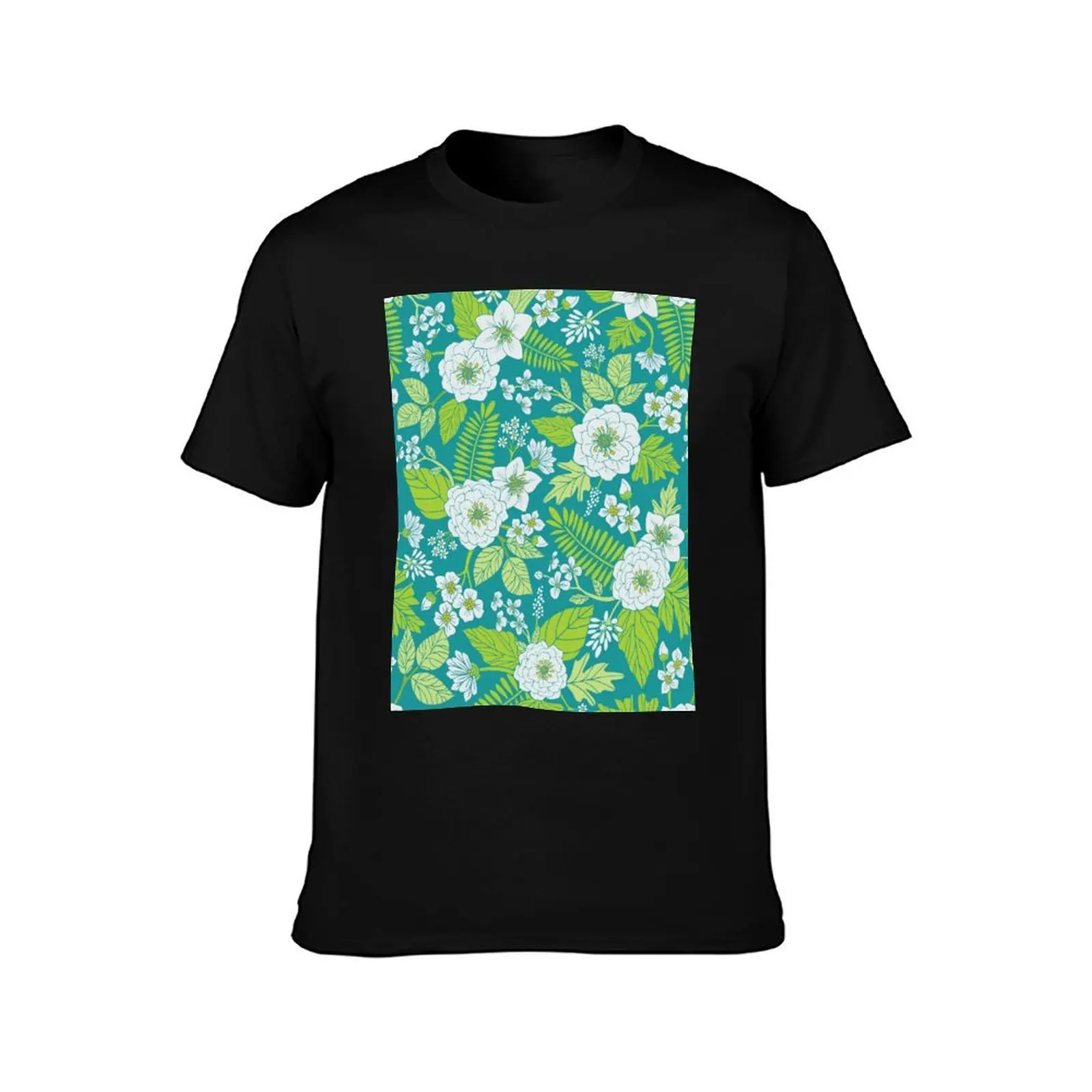 White, Lime Green, Teal, & Yellow Floral/Botanical Pattern T-Shirt vintage anime shirt heavyweight t shirts for men