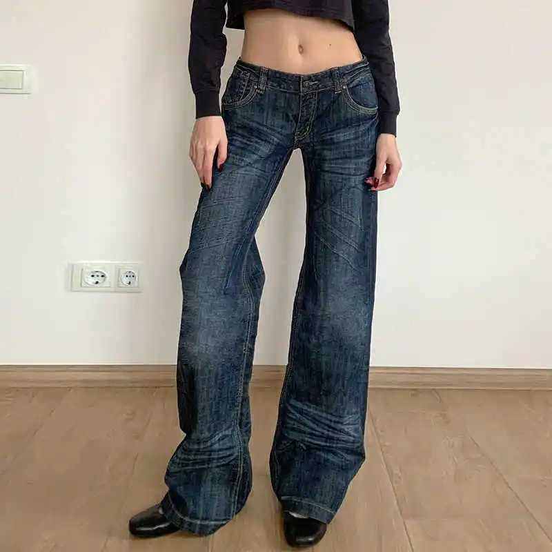 Women's Jean Straight Baggy Blue Bleach Denim Pants Grunge Y2K Japanese Harajuku 2000s High Street American Retro Wide Fit New